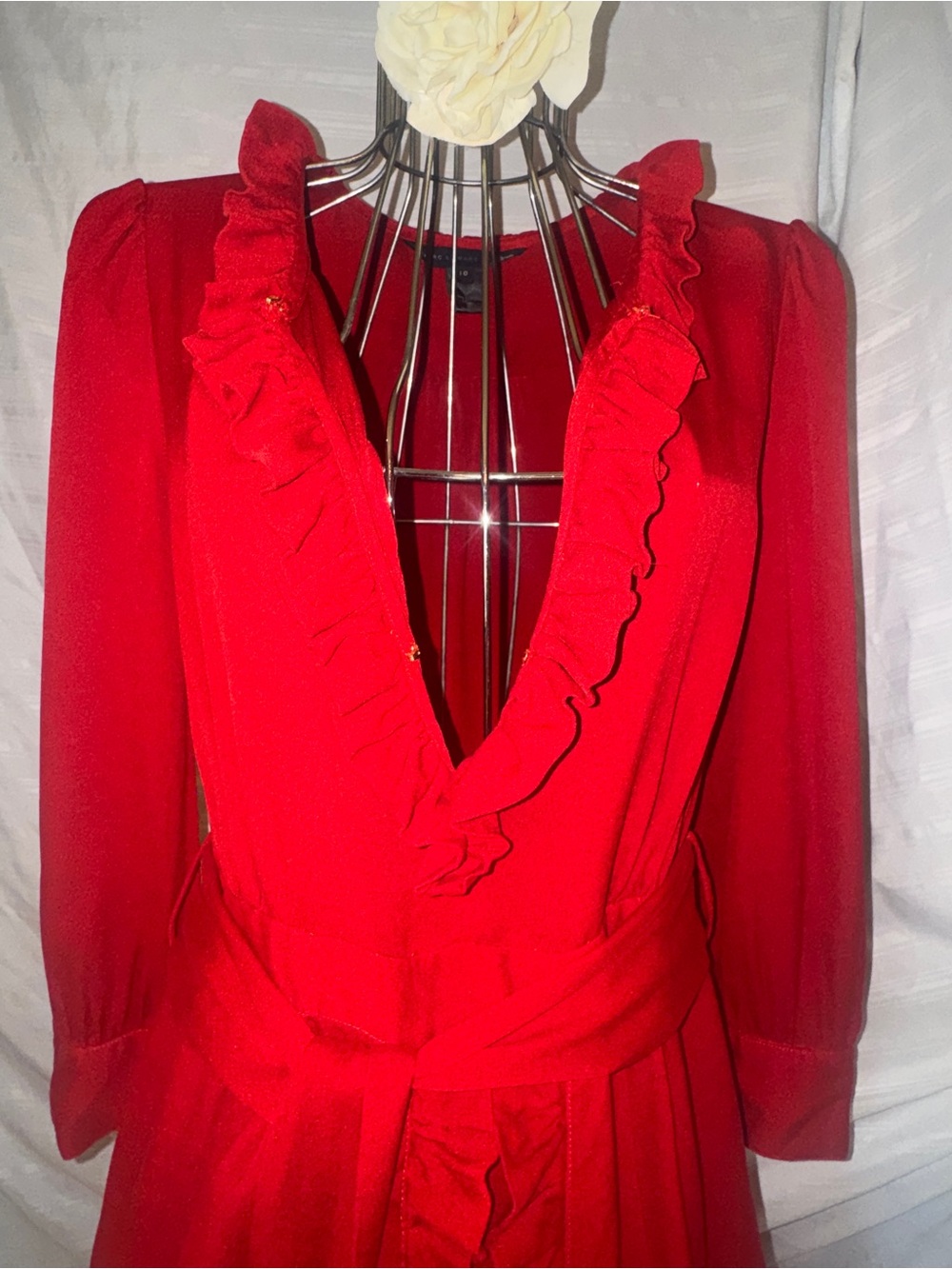 Marc Jacobs 100% Silk Red Ruffled 3/4 Sleeve Dress with Belt, 10 - Picture 6 of 14